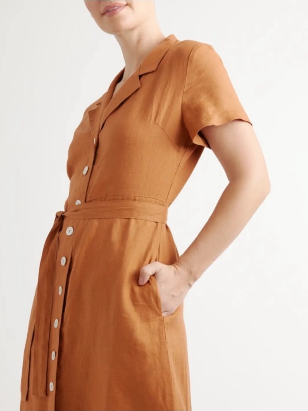 Quince Terracotta 100% European Linen Button Front Belted Midi Dress Size XS - Picture 3 of 14